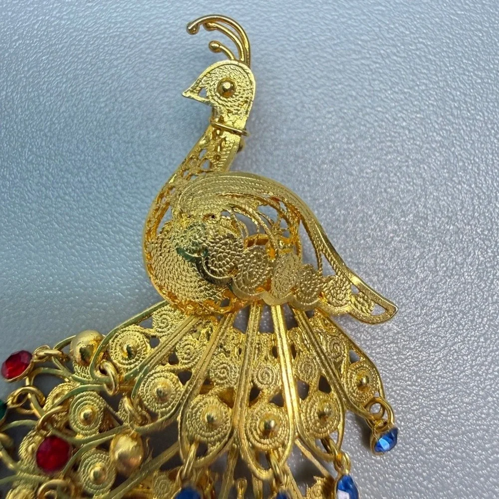 Vintage Gold Tone Filigree Peacock Brooch with Rhinestones Moving Tail